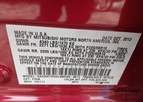 2014 Mitsubishi Outlander Sport Se from USA, damaged, VIN 4A4AR4AU6EE013308